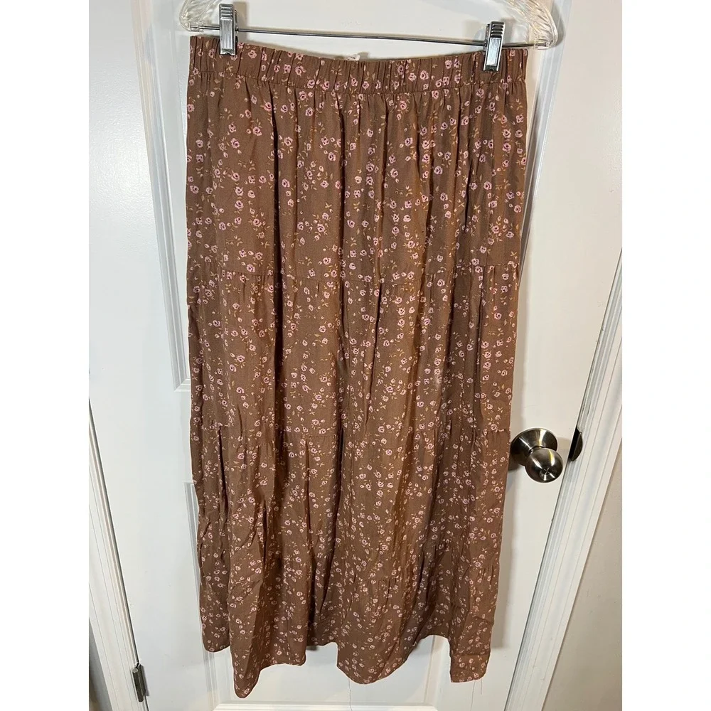 Olive & Oak Womens Maxi Skirt Tiered Floral Brown Large - Picture 3 of 6